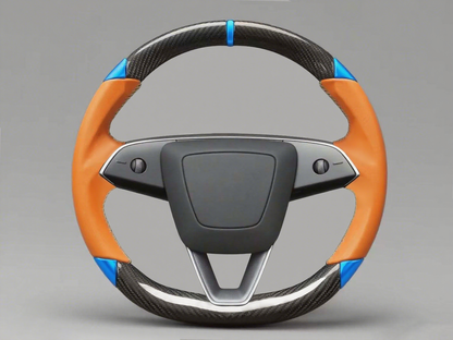 Orange and blue Carbon Fiber Tesla Model 3 Custom Steering Wheel -DYNA(2017-2023.9) Axeco