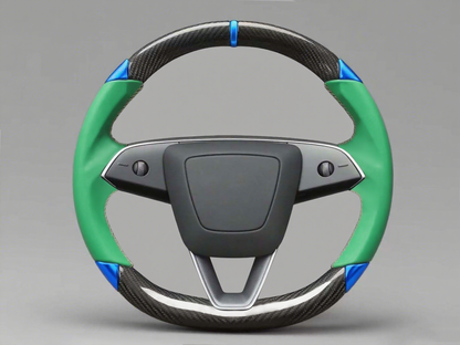 Green and blue Carbon Fiber Tesla Model 3 Custom Steering Wheel -DYNA(2017-2023.9) Axeco