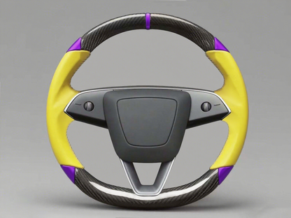 Yellow and purple leather black carbon fiber Tesla Model Y steering wheel - DYNA (2020-2024) Axeco