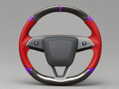 Red and purple leather black carbon fiber Tesla Model Y steering wheel - DYNA (2020-2024) Axeco