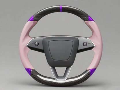 Pink and purple leather black carbon fiber Tesla Model Y steering wheel - DYNA (2020-2024) Axeco