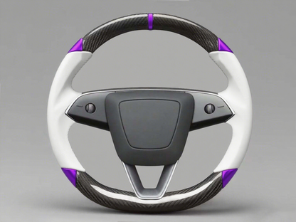 White and purple leather black carbon fiber Tesla Model Y steering wheel - DYNA (2020-2024) Axeco