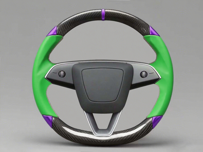 Green and purple Green and purple leather black carbon fiber Tesla Model Y steering wheel - DYNA (2020-2024) Axeco