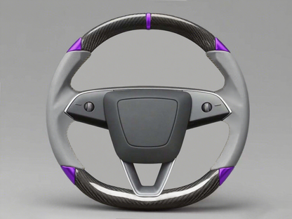 Grey and purple leather black carbon fiber Tesla Model Y steering wheel - DYNA (2020-2024) Axeco
