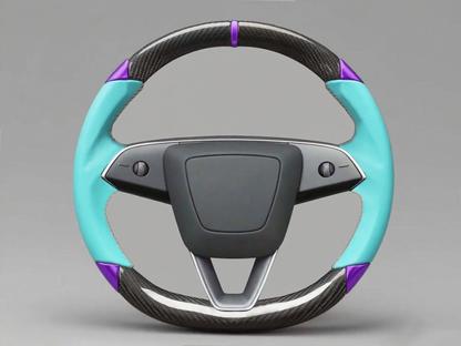 Light blue and purple leather black carbon fiber Tesla Model Y steering wheel - DYNA (2020-2024) Axeco