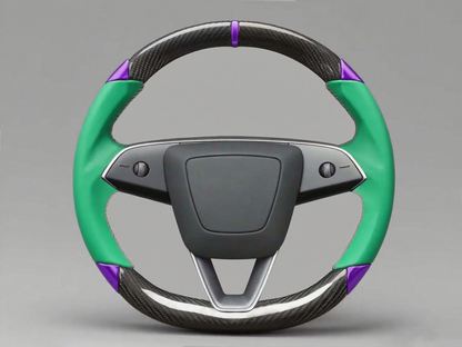 Green and purple leather black carbon fiber Tesla Model Y steering wheel - DYNA (2020-2024) Axeco