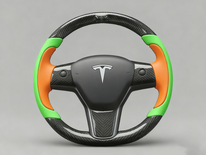 Emerald green and bright orange Carbon Fiber Tesla Model Y Steering Wheel-Track Master(2020-2024) Axeco