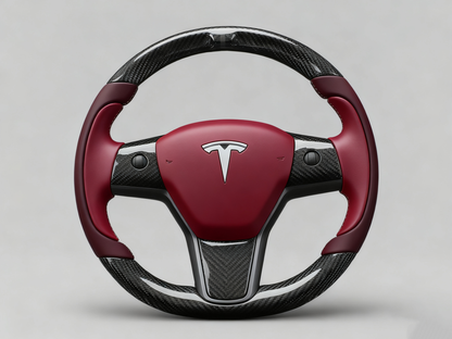 Wine red and carbon fiber black Carbon Fiber Tesla Model Y Steering Wheel-Track Master(2020-2024) Axeco
