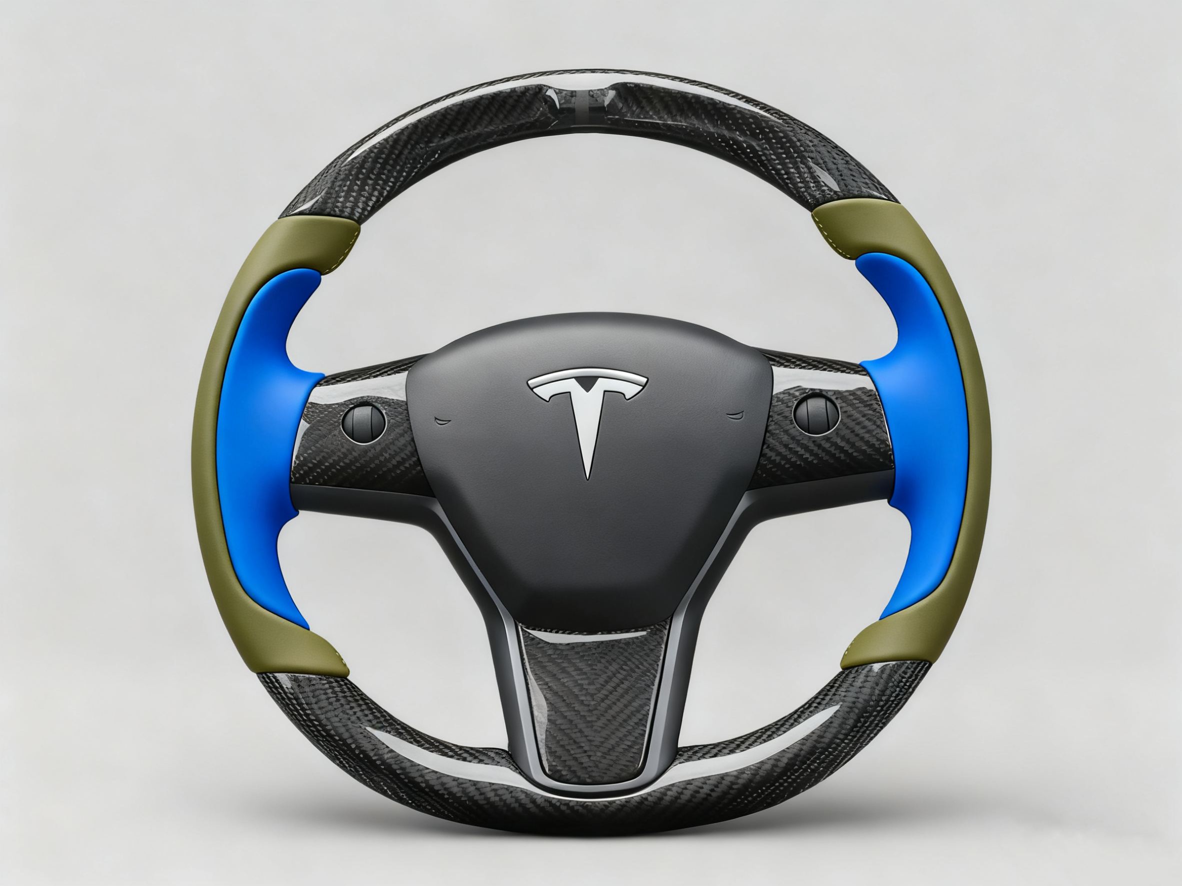 Bright blue and olive green Carbon Fiber Tesla Model Y Steering Wheel-Track Master(2020-2024) Axeco