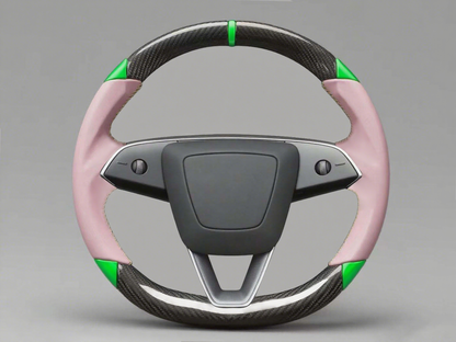 Pink and green Carbon Fiber Tesla Model 3 Highland Custom Steering Wheel -DYNA(2023.9) Axeco