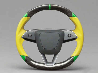 Yellow and green Carbon Fiber Tesla Model 3 Highland Custom Steering Wheel -DYNA(2023.9) Axeco