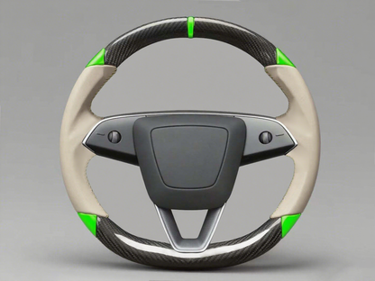 Rice white and green Carbon Fiber Tesla Model 3 Highland Custom Steering Wheel -DYNA(2023.9) Axeco
