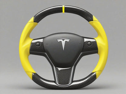 Black and Yellow Carbon Fiber  Leather Tesla Model 3 Steering Wheel - DYNA (2017 - 2023.8) Axeco