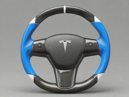 Blue-White Carbon Fiber Tesla Model 3 Custom Steering Wheel -DYNA(2017-2023.9) Axeco