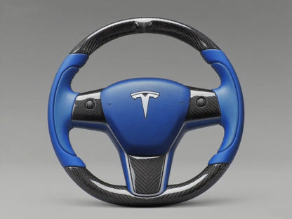 Blue and Black Carbon Fiber Tesla Model 3 Steering Wheel - Track Master (2017-2023.8) Axeco