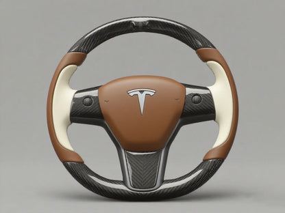 Brown-White Tesla Model 3 Carbon Fiber Steering Wheel-Track Master(2017-2023.8) Axeco