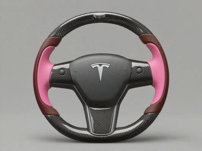 Dark Brown-Pink Carbon Fiber Tesla model 3 Steering Wheel -Track Master(2023.9+) Axeco