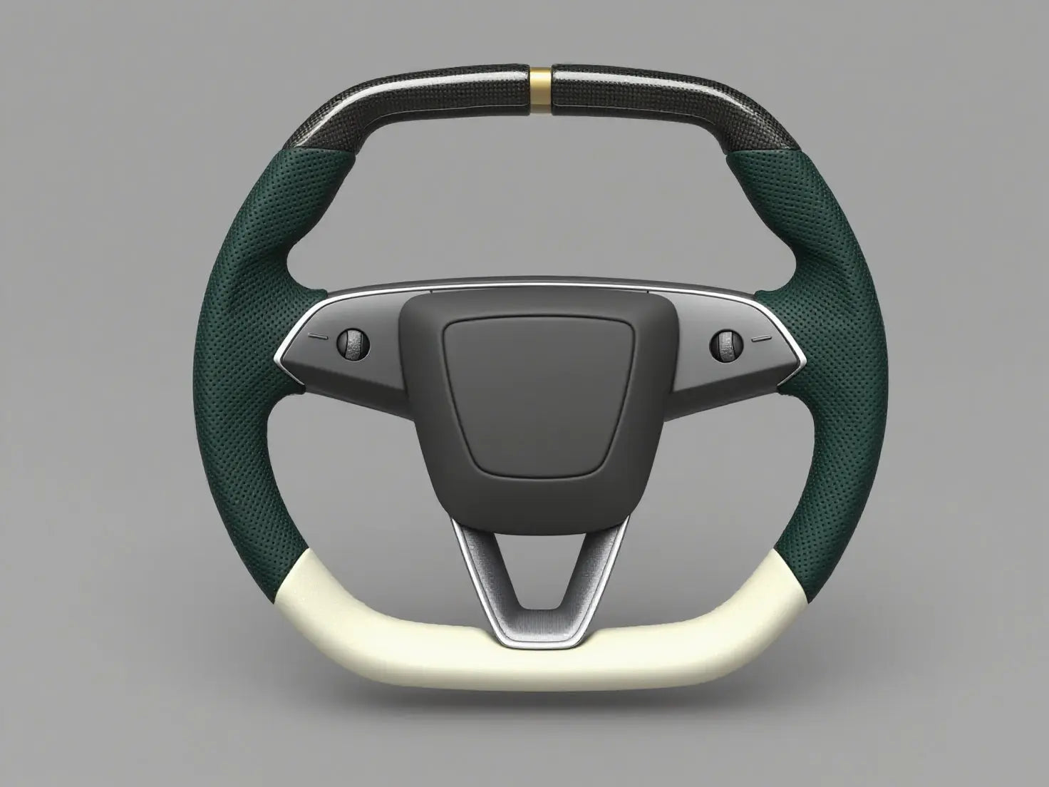 Deep Green Ivory Carbon Fiber Gold Trim Tesla Model Y Steering Wheel - Super Enhancer (2025+) Axeco