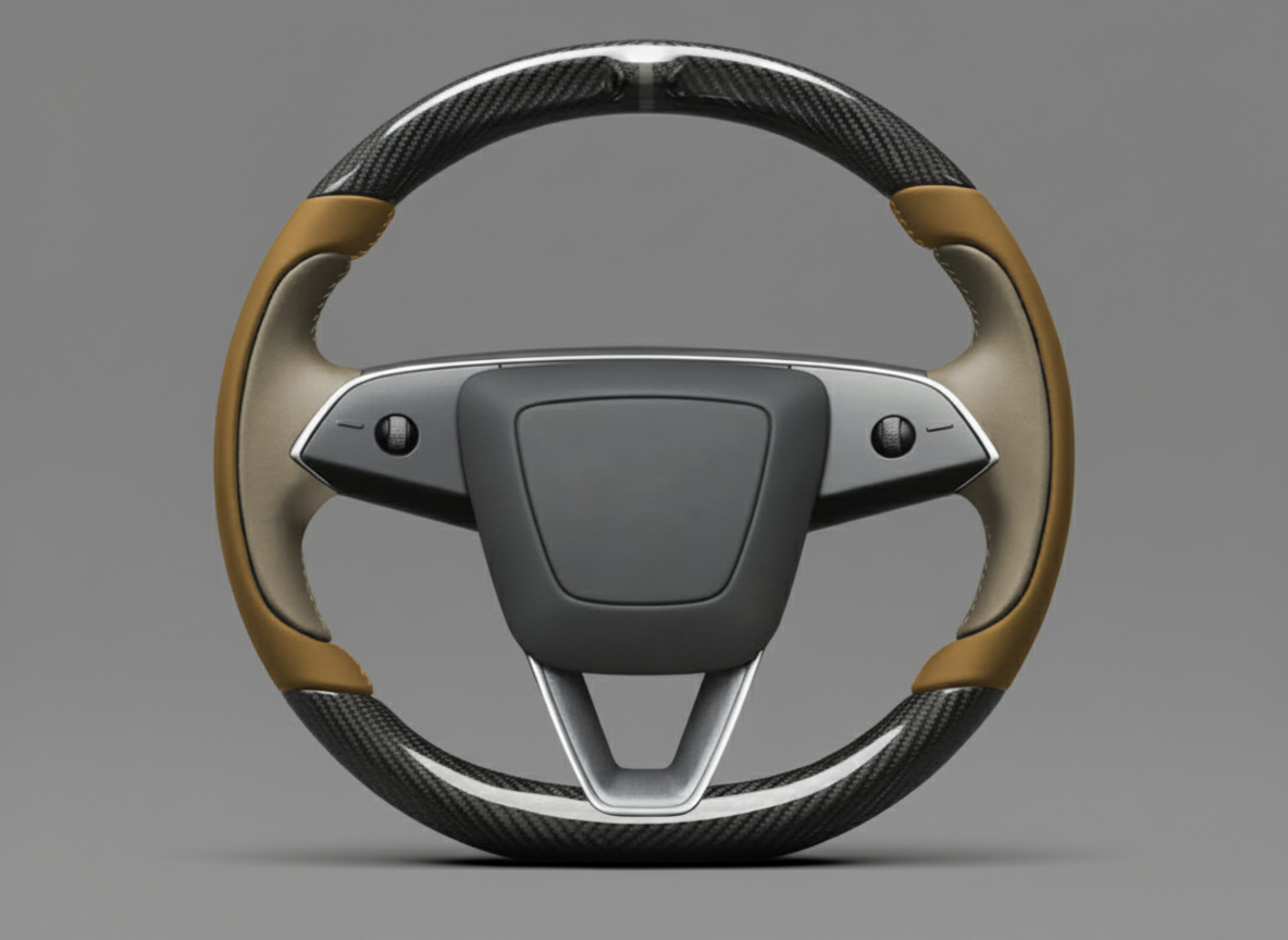 Brown and light brown Fiber Tesla model 3 highland Steering Wheel -Track Master(2023.9+) Axeco