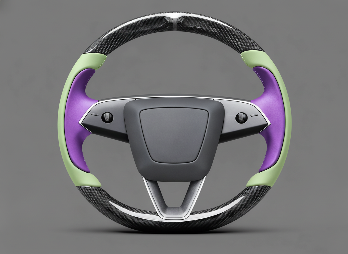 Mint green and purple Carbon Fiber Tesla model 3 highland Steering Wheel -Track Master(2023.9+) Axeco