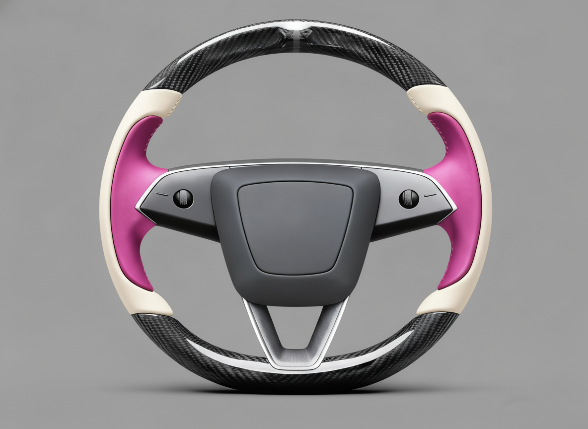 Off-white and pink Carbon Fiber Tesla model 3 highland Steering Wheel -Track Master(2023.9+) Axeco