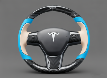 Blue and beige Carbon Fiber Tesla model 3 Steering Wheel -Track Master(2023.9+) Axeco
