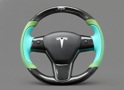Green and light blue Carbon Fiber Tesla Model Y Steering Wheel-Track Master(2020-2024) Axeco