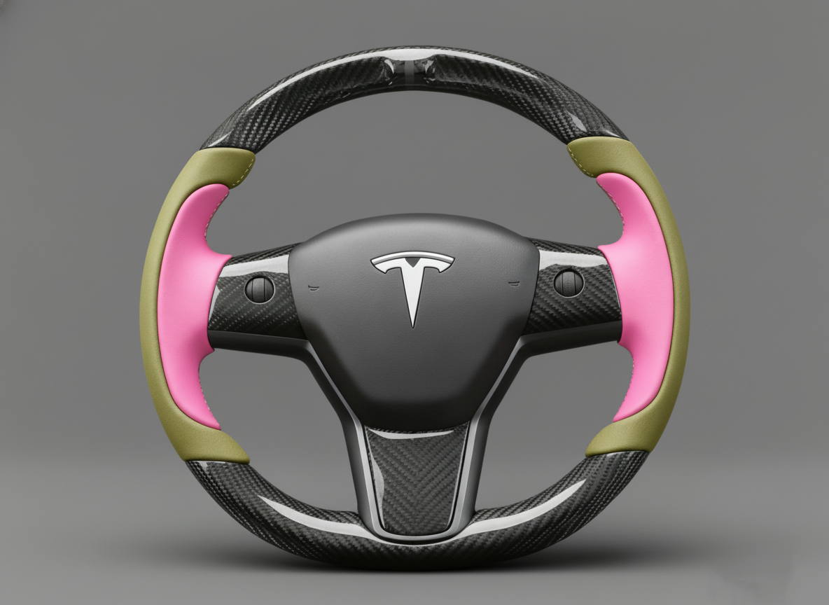 Pink and olive green Carbon Fiber Tesla Model Y Steering Wheel-Track Master(2020-2024) Axeco