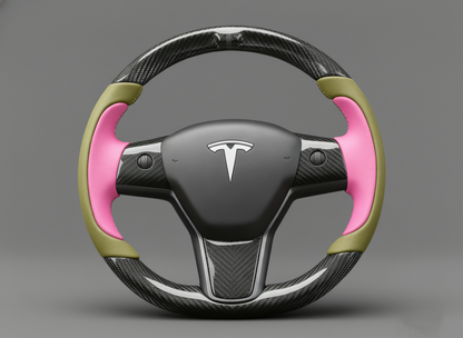 Pink and olive green Carbon Fiber Tesla Model Y Steering Wheel-Track Master(2020-2024) Axeco