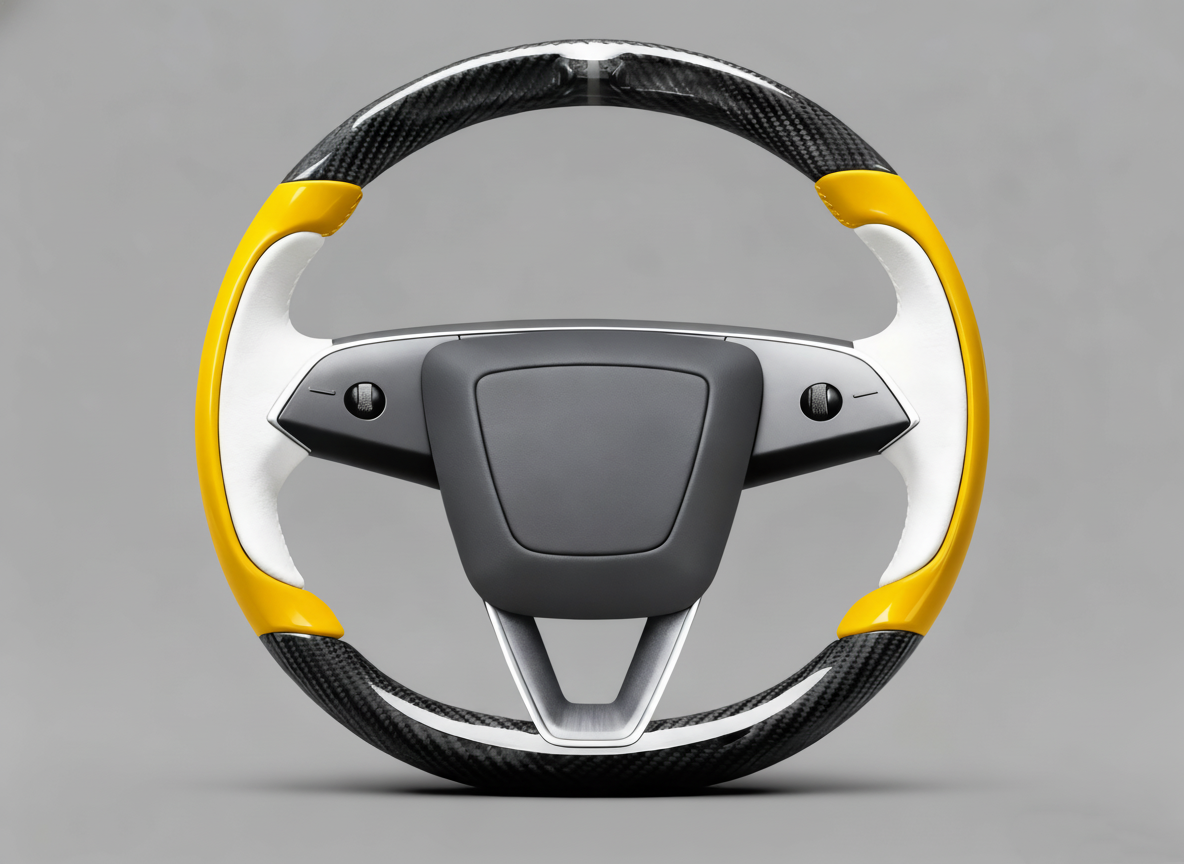 Yellow and white Carbon Fiber Tesla model 3 highland Steering Wheel -Track Master(2023.9+) Axeco