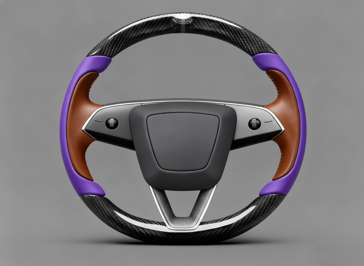 Purple and brown Carbon Fiber Tesla Model Y Juniper Steering Wheel For Lady's -Track Master(2023.9+) Axeco