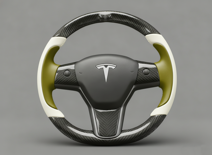 White and olive green Carbon Fiber Tesla model 3 Steering Wheel -Track Master(2023.9+) Axeco
