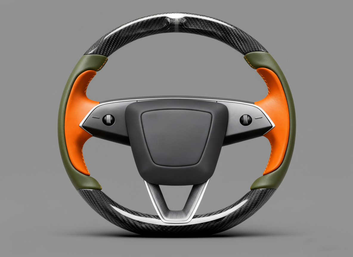 Orange and olive green Carbon Fiber Tesla model 3 highland Steering Wheel -Track Master(2023.9+) Axeco