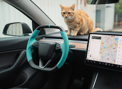 Mint Ice Blue Leather Carbon Fiber Customize Tesla Model Y Juniper Steering Wheel - Super Enhancer (2025+) Axeco