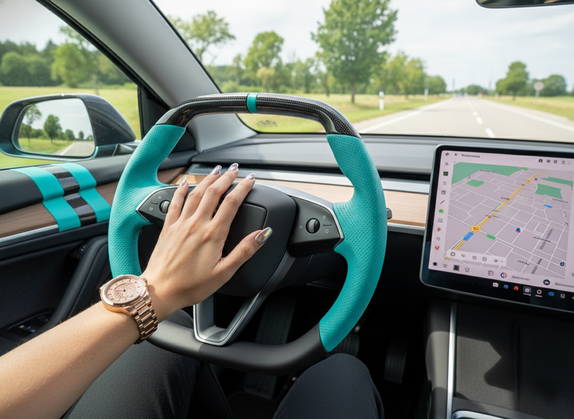 Mint Ice Blue Leather Carbon Fiber Customize Tesla Model Y Juniper Steering Wheel - Super Enhancer (2025+) Axeco