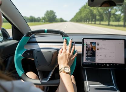 Mint Ice Blue Leather Carbon Fiber Customize Tesla Model Y Juniper Steering Wheel - Super Enhancer (2025+) Axeco