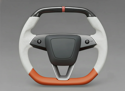 White and orange Leather Carbon Fiber Customize Tesla model 3 highland Steering Wheel - Super Enhancer(2023.9+) Axeco