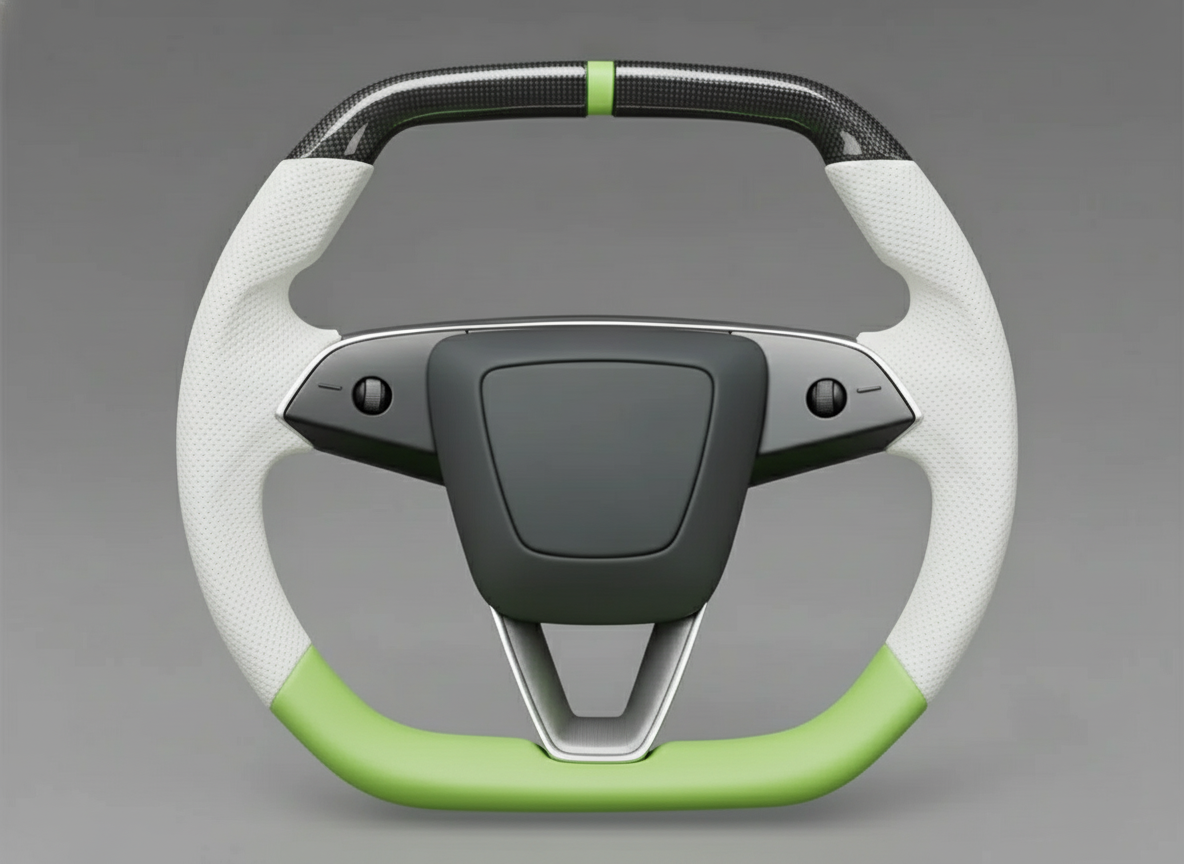 White and fluorescent green Leather Carbon Fiber Customize Tesla model 3 highland Steering Wheel - Super Enhancer(2023.9+) Axeco