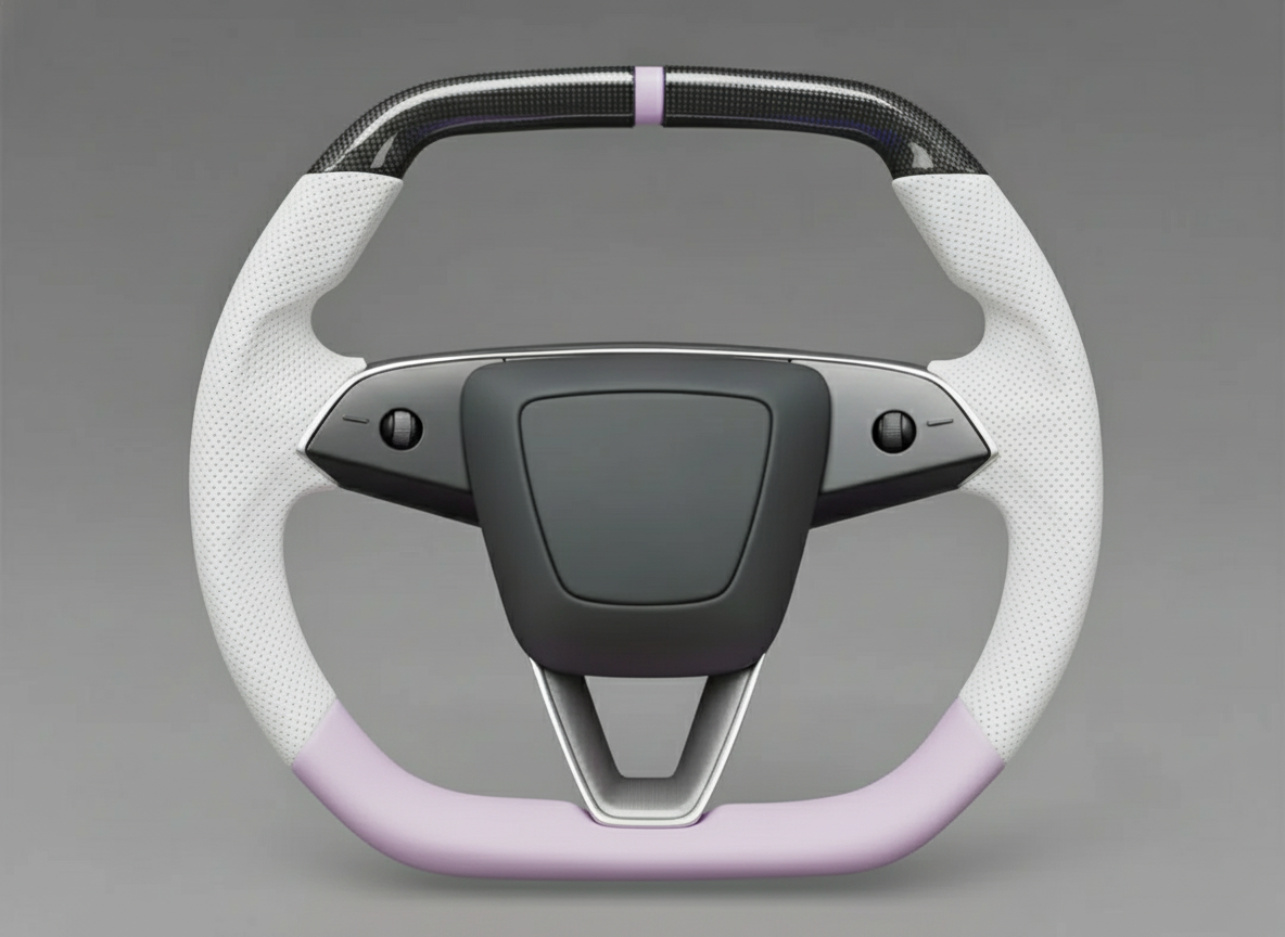 White and light purple Leather Carbon Fiber Customize Tesla model 3 highland Steering Wheel - Super Enhancer(2023.9+) Axeco