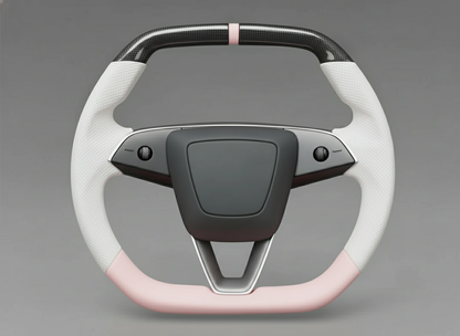 White and pink Leather Carbon Fiber Customize Tesla model 3 highland Steering Wheel - Super Enhancer(2023.9+) Axeco