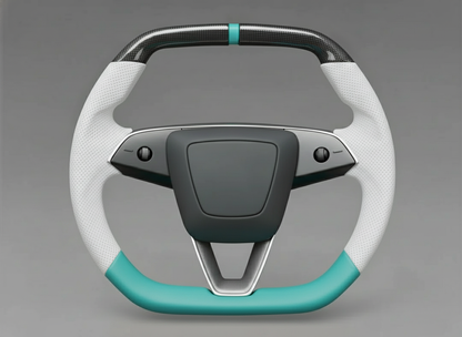 White and light green Leather Carbon Fiber Customize Tesla model 3 highland Steering Wheel - Super Enhancer(2023.9+) Axeco