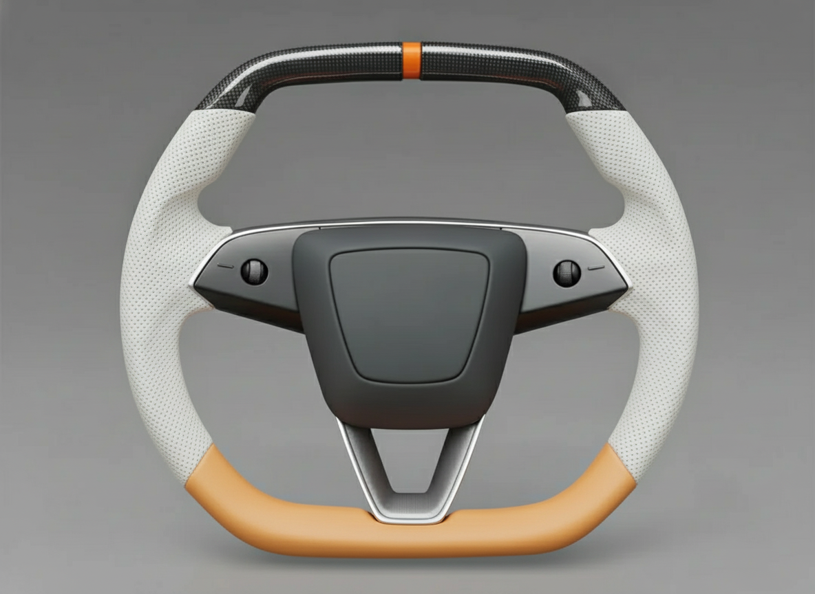 White and orange Leather Carbon Fiber Customize Tesla model 3 highland Steering Wheel - Super Enhancer(2023.9+) Axeco