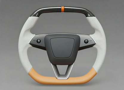White and orange Leather Carbon Fiber Customize Tesla model 3 highland Steering Wheel - Super Enhancer(2023.9+) Axeco