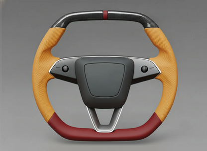 Warm orange and burgundy Leather Carbon Fiber Customize Tesla model 3 highland Steering Wheel - Super Enhancer(2023.9+) Axeco
