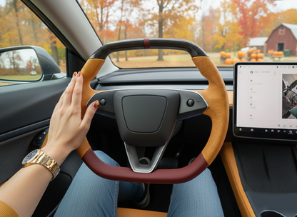 Warm orange and burgundy Leather Carbon Fiber Customize Tesla model 3 highland Steering Wheel - Super Enhancer(2023.9+) Axeco