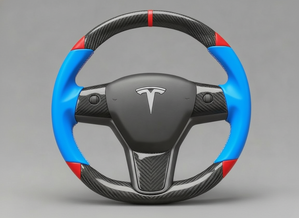 Blue and red Carbon Fiber Tesla Model 3 Custom Steering Wheel -DYNA(2017-2023.9) Axeco