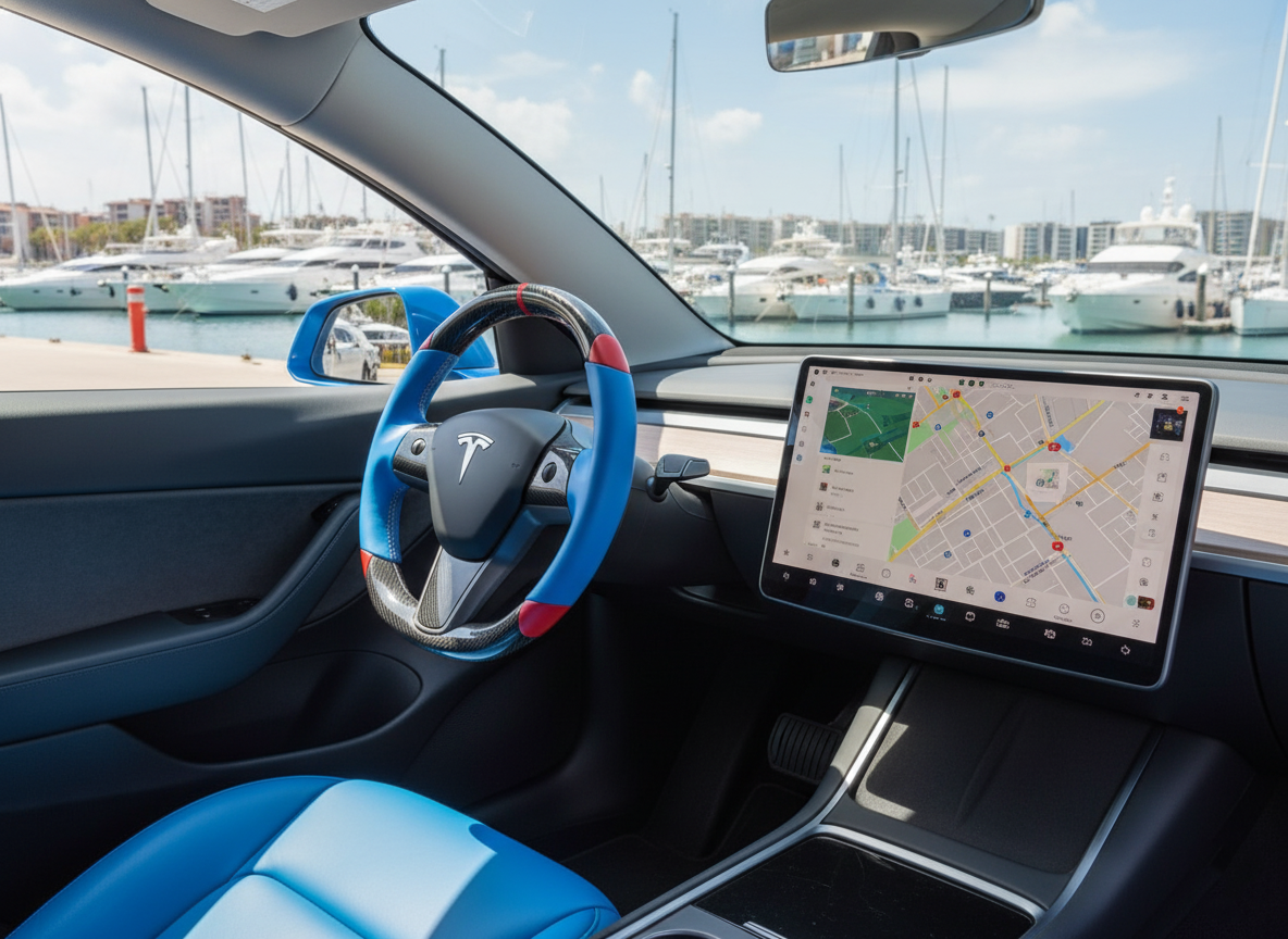 Blue and red Carbon Fiber Tesla Model 3 Custom Steering Wheel -DYNA(2017-2023.9) Axeco