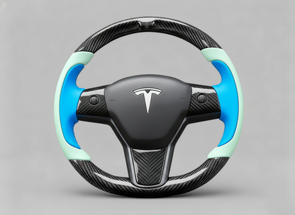 Light green and bright blue Carbon Fiber Tesla model 3 Steering Wheel -Track Master(2023.9+) Axeco