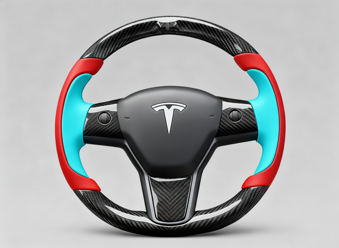 Bright red and lake blue Carbon Fiber Tesla model 3 Steering Wheel -Track Master(2023.9+) Axeco