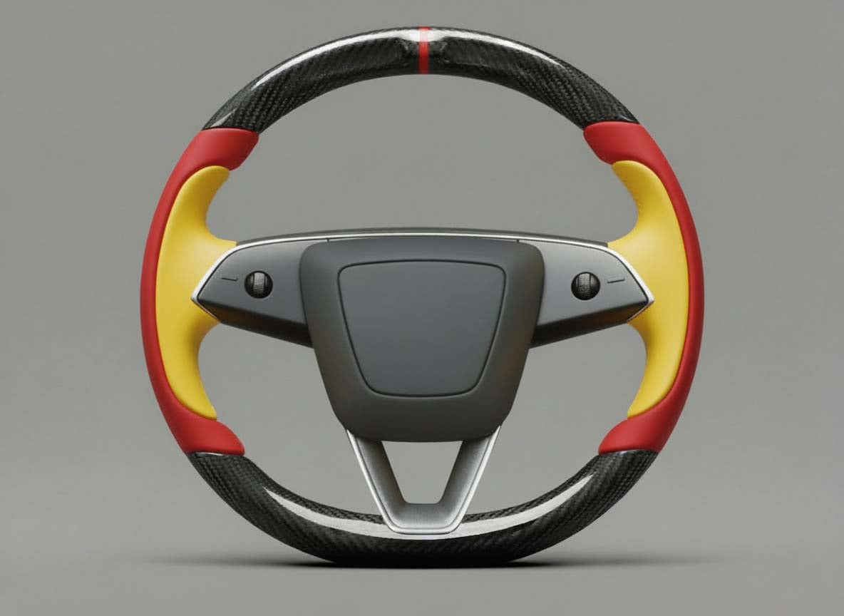 Red and Yellow Carbon Fiber Tesla Model Y Juniper Steering Wheel For Lady's -Track Master(2023.9+) Axeco